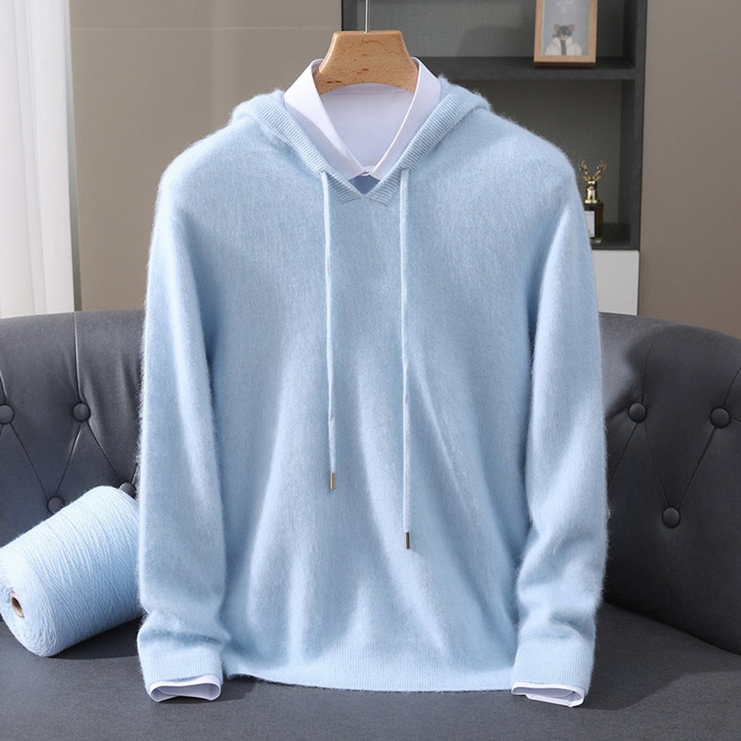 Men's Cashmere Hooded Pullover Sweater Drawstring Knit - Blue