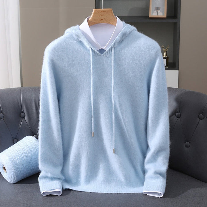 Men's Cashmere Hooded Pullover Sweater Drawstring Knit - Blue