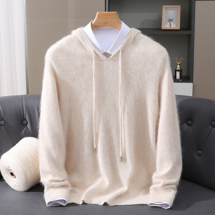 Men's Cashmere Hooded Pullover Sweater Drawstring Knit - Cream
