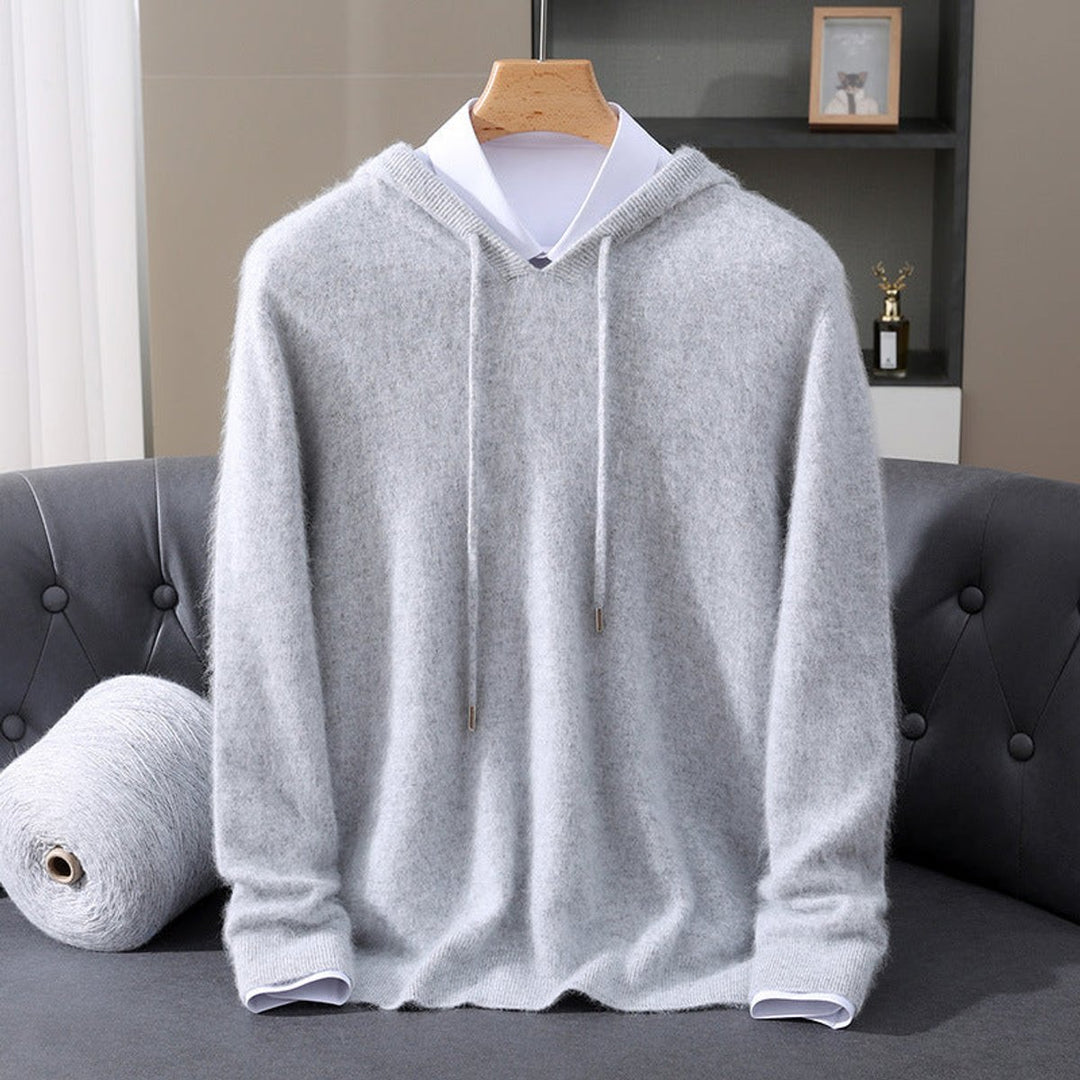 Men's Cashmere Hooded Pullover Sweater Drawstring Knit - Gray