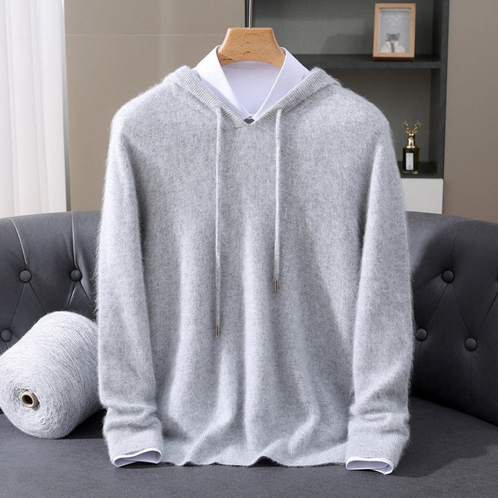 Men's Cashmere Hooded Pullover Sweater Drawstring Knit - Gray