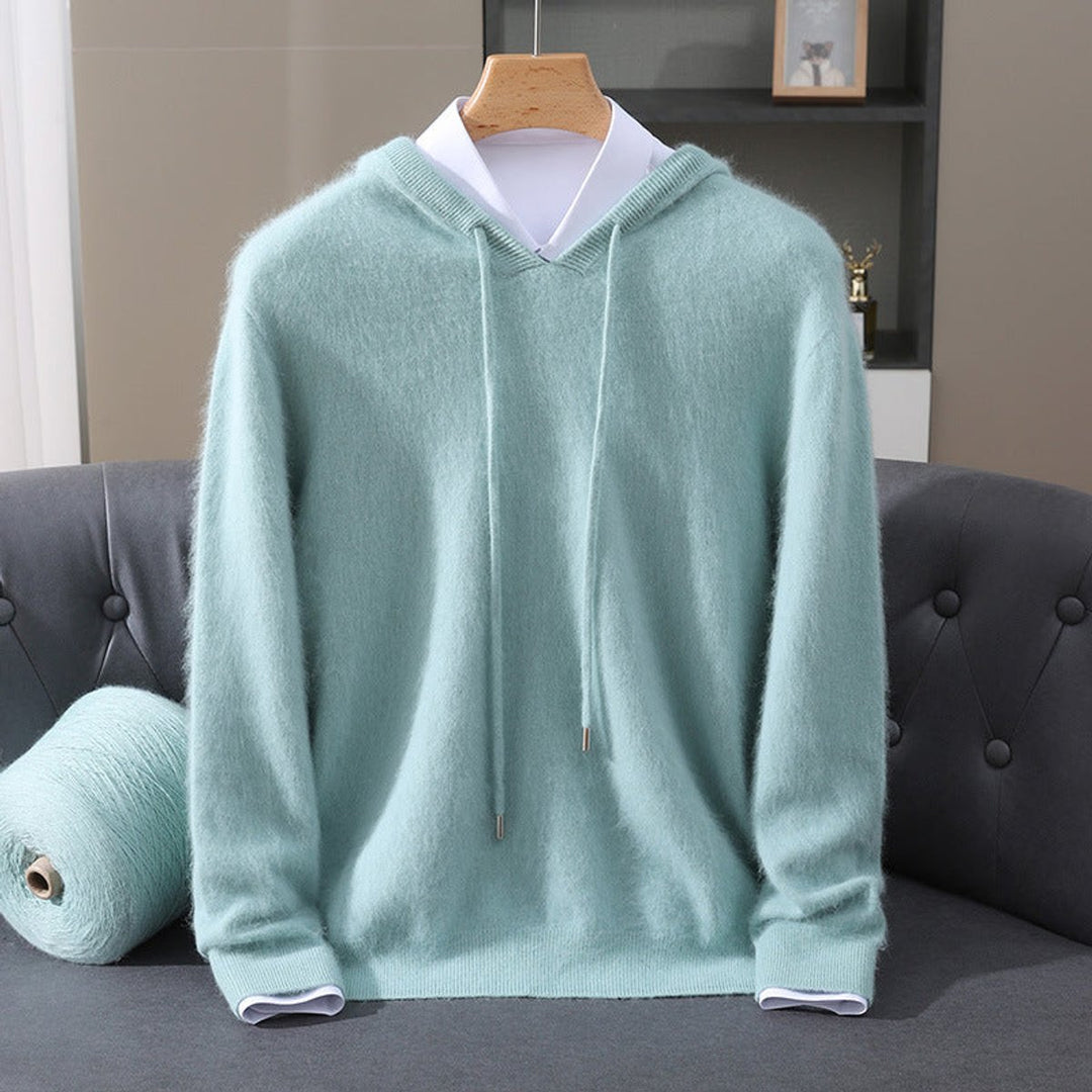 Men's Cashmere Hooded Pullover Sweater Drawstring Knit - Teal