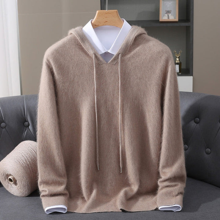 Men's Cashmere Hooded Pullover Sweater Drawstring Knit - Camel