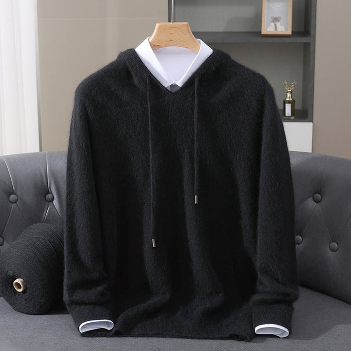 Men's Cashmere Hooded Pullover Sweater Drawstring Knit - Black