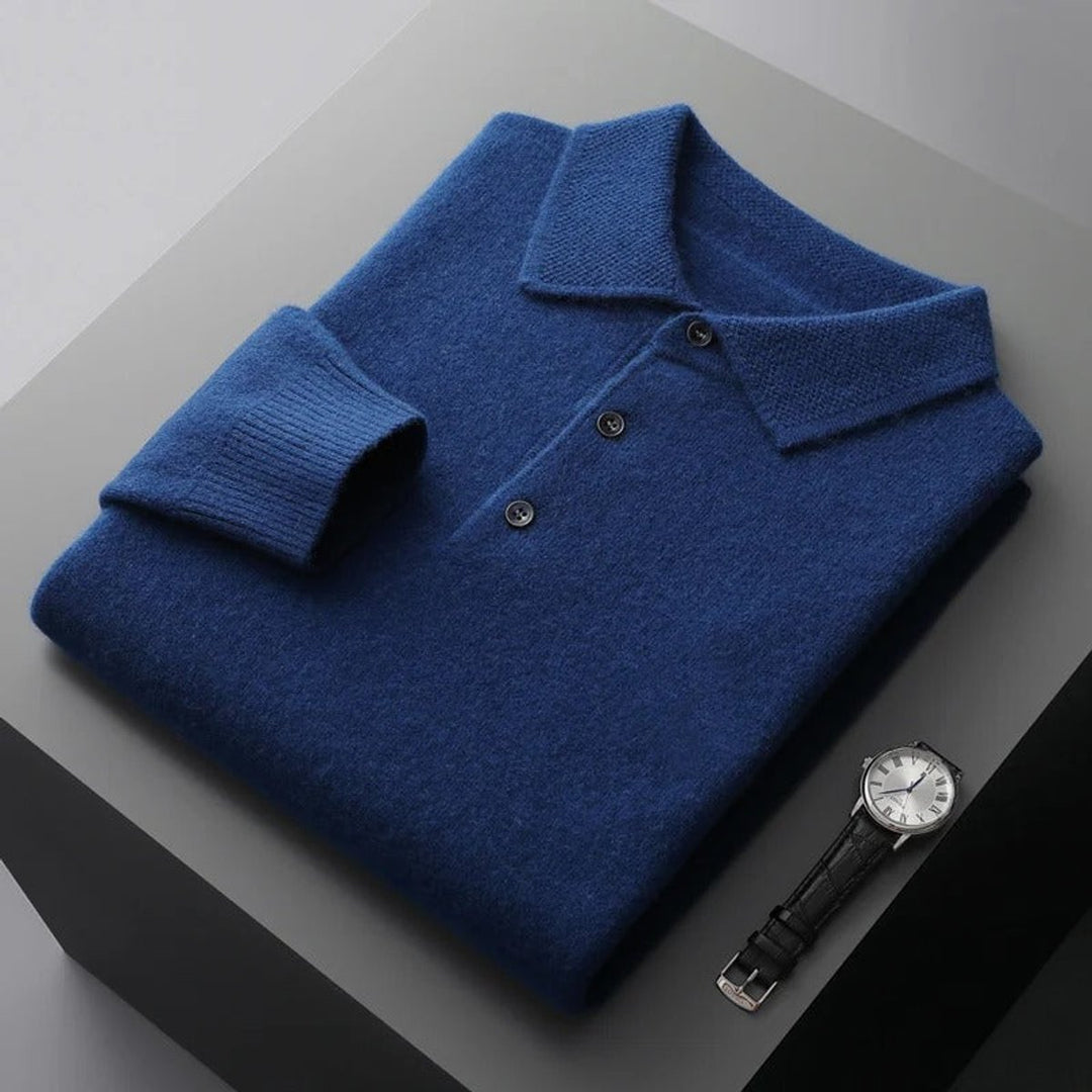Men's Cashmere Polo Knit Sweater Long Sleeve Button Collar Pullover - Dark Blue