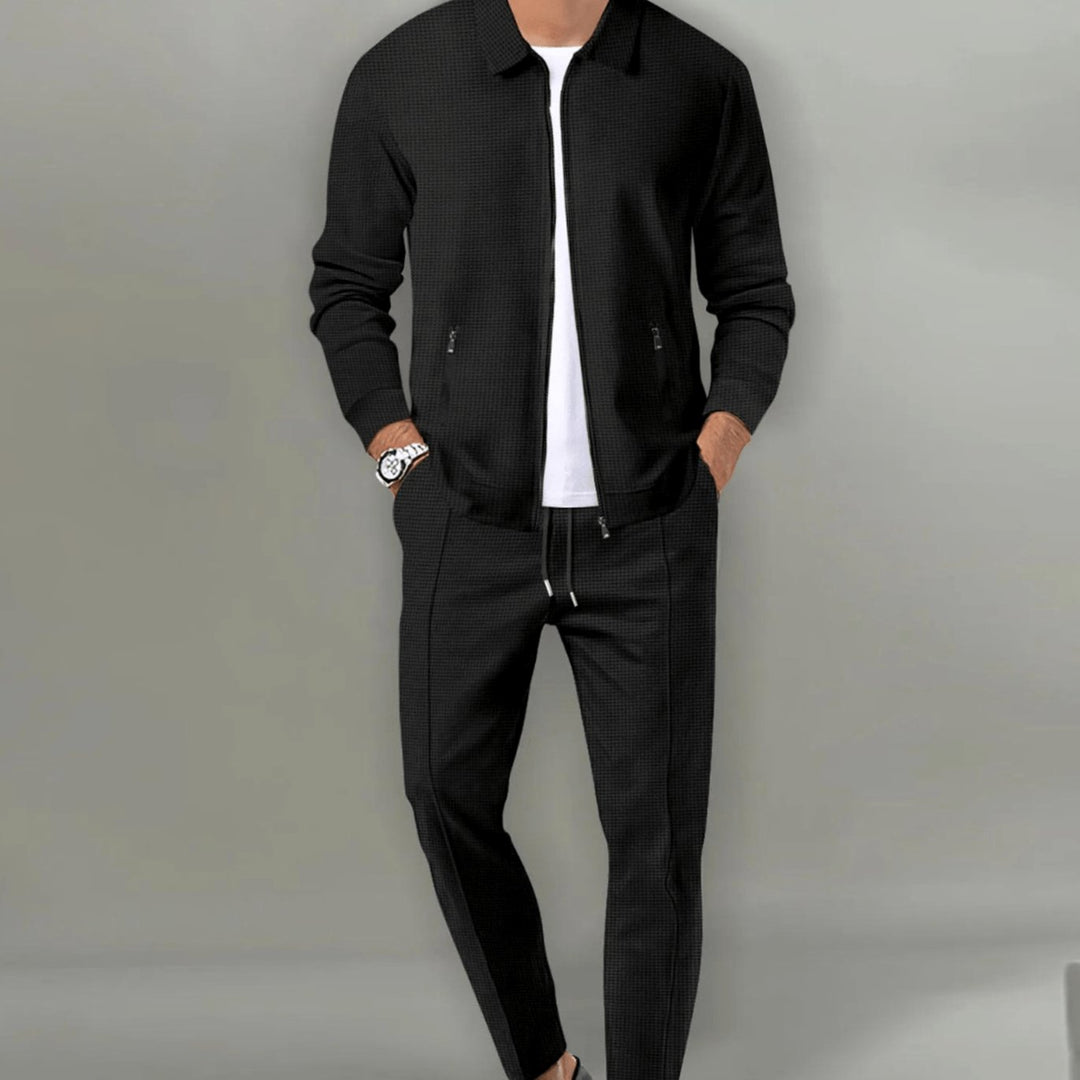 Men's Casual Tracksuit Two-Piece Zip-Up Jacket Jogger Pants Set - Black