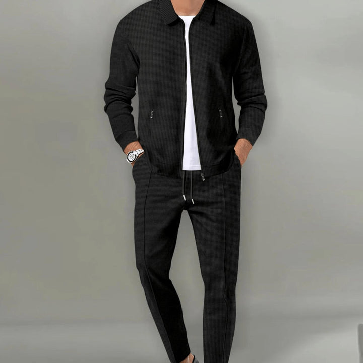 Men's Casual Tracksuit Two-Piece Zip-Up Jacket Jogger Pants Set - Black
