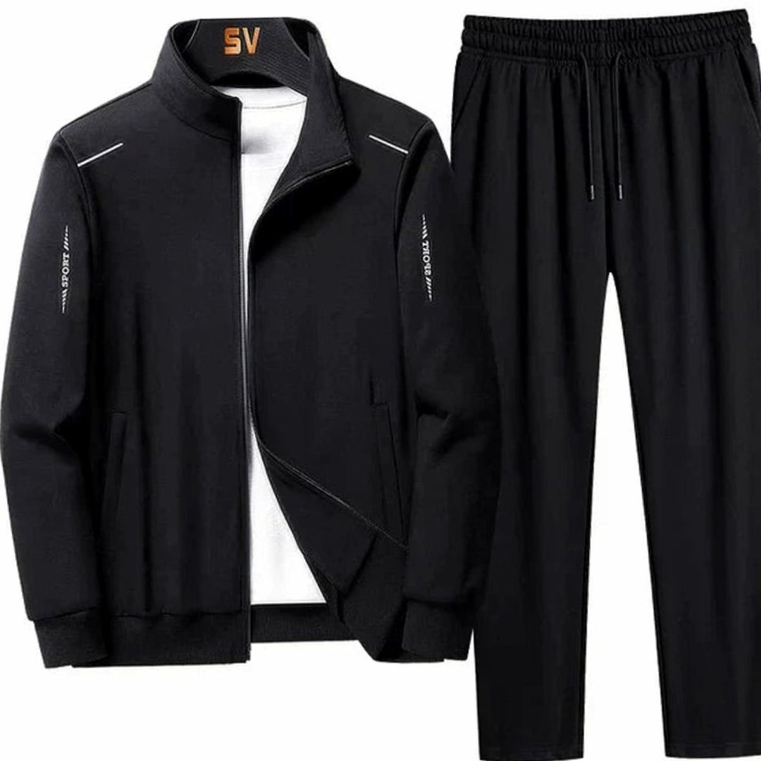 Men's Casual Tracksuit Zip-Up Jacket Jogger Pants Two-Piece Set - Black