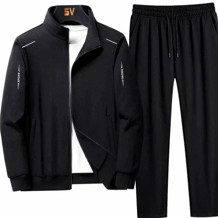 Men's Casual Tracksuit Zip-Up Jacket Jogger Pants Two-Piece Set - Black