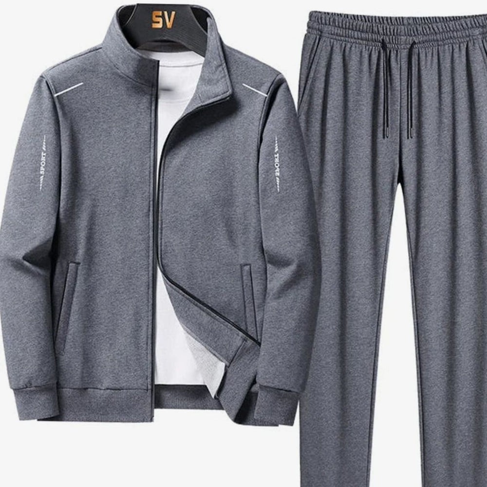 Men's Casual Tracksuit Zip-Up Jacket Jogger Pants Two-Piece Set - Gray