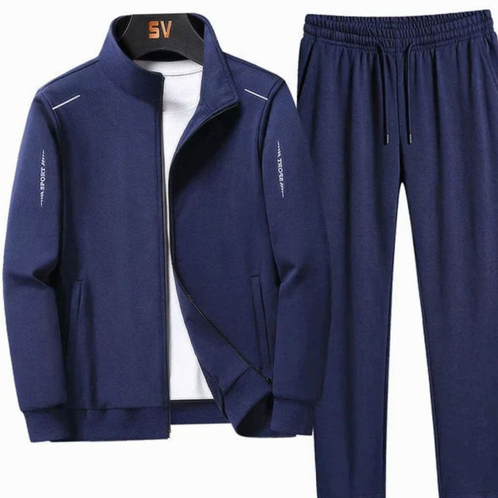 Men's Casual Tracksuit Zip-Up Jacket Jogger Pants Two-Piece Set - Dark Blue
