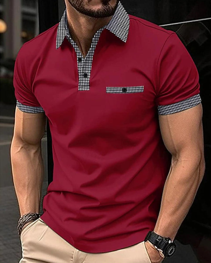 Men's Checkered Collar Short-Sleeve Smart-Casual Polo Shirt - Red