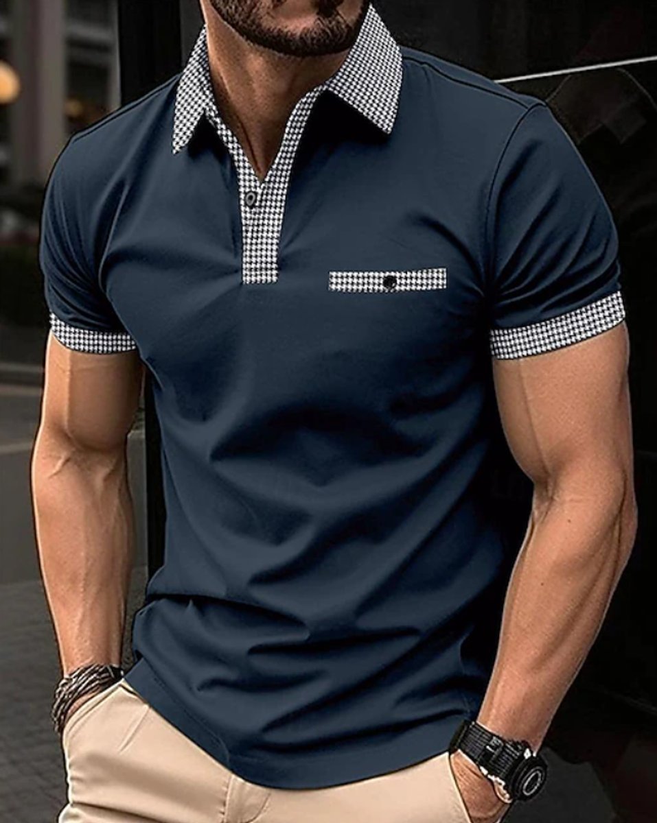 Men's Checkered Collar Short-Sleeve Smart-Casual Polo Shirt - Navy Blue