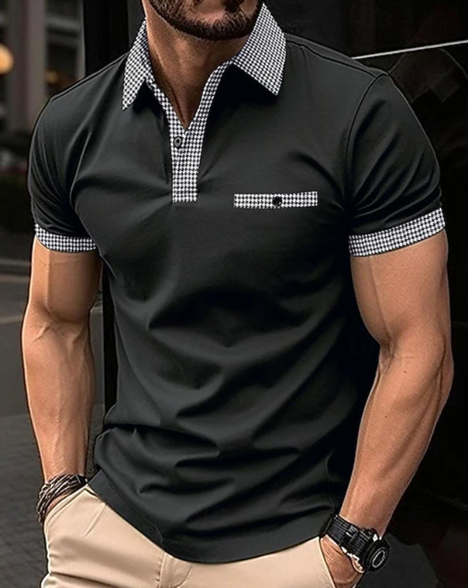 Men's Checkered Collar Short-Sleeve Smart-Casual Polo Shirt - Black