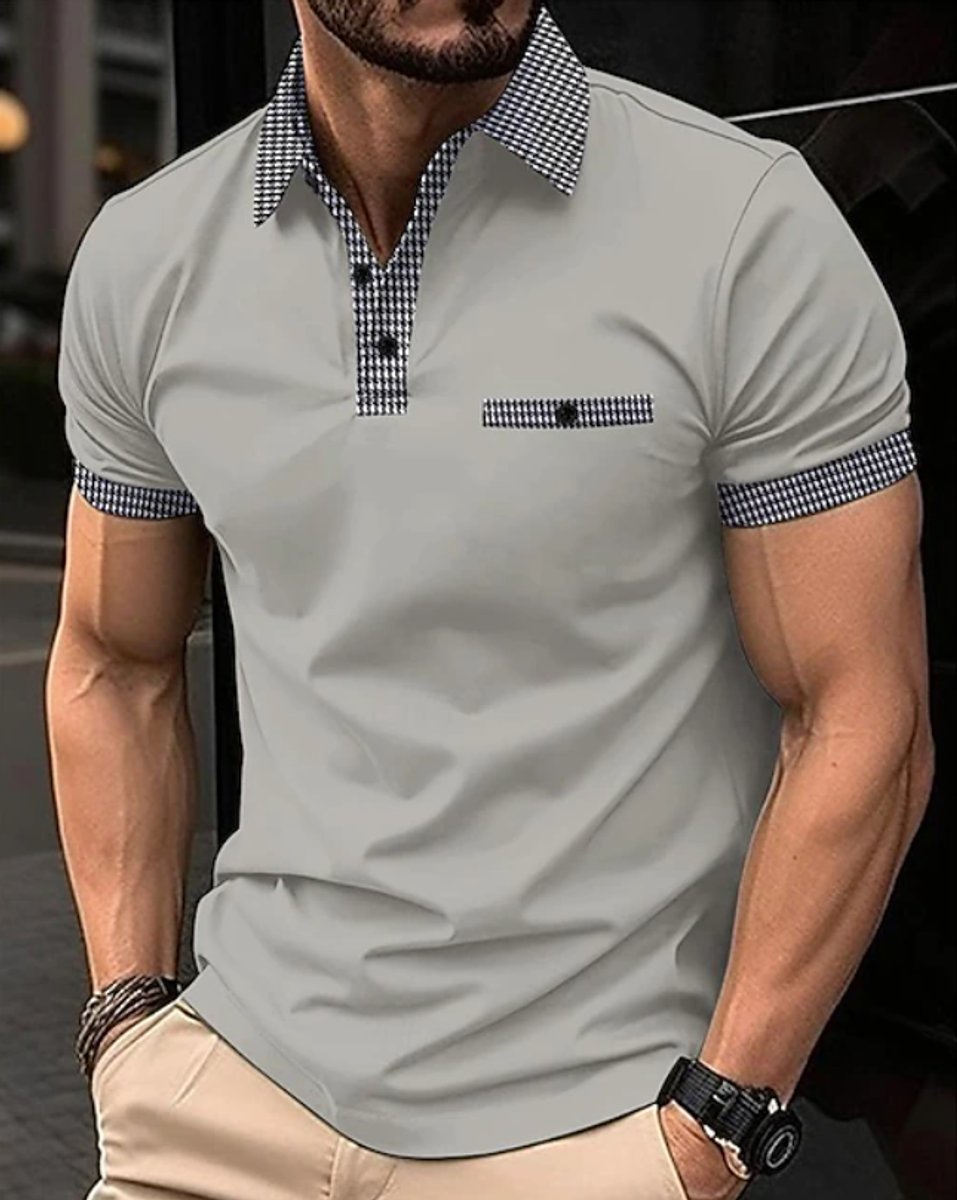 Men's Checkered Collar Short-Sleeve Smart-Casual Polo Shirt - Gray