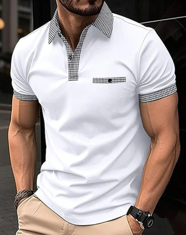 Men's Checkered Collar Short-Sleeve Smart-Casual Polo Shirt - White