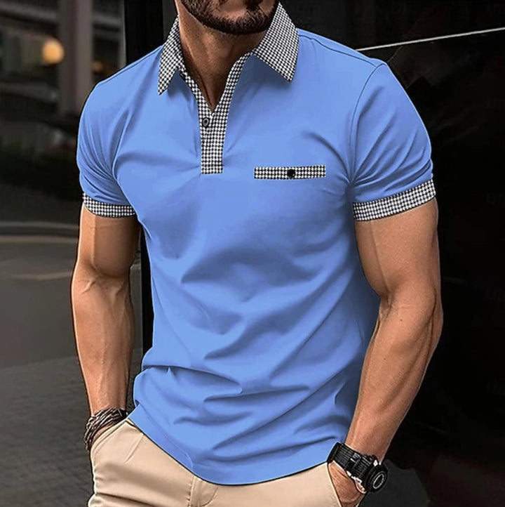 Men's Checkered Collar Short-Sleeve Smart-Casual Polo Shirt - Blue
