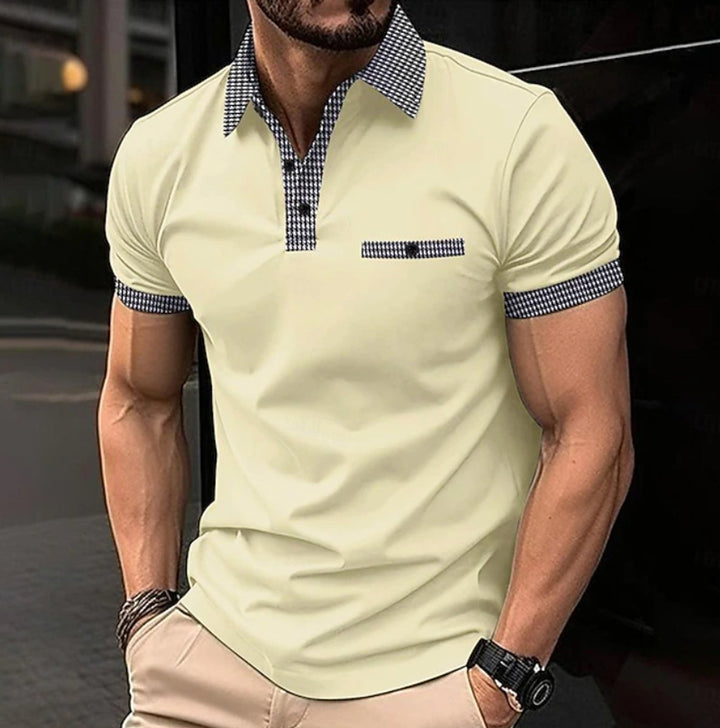 Men's Checkered Collar Short-Sleeve Smart-Casual Polo Shirt - Light Yellow