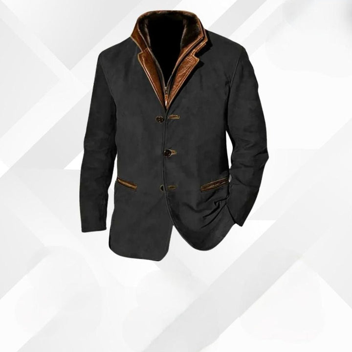 Men's Classic Button-Up Warm Jacket Contrasting Collar - Black