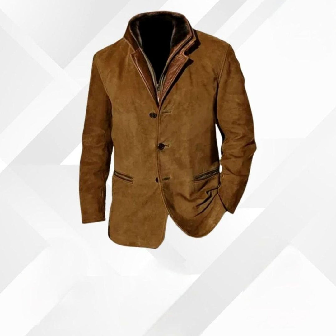 Men's Classic Button-Up Warm Jacket Contrasting Collar - Brown