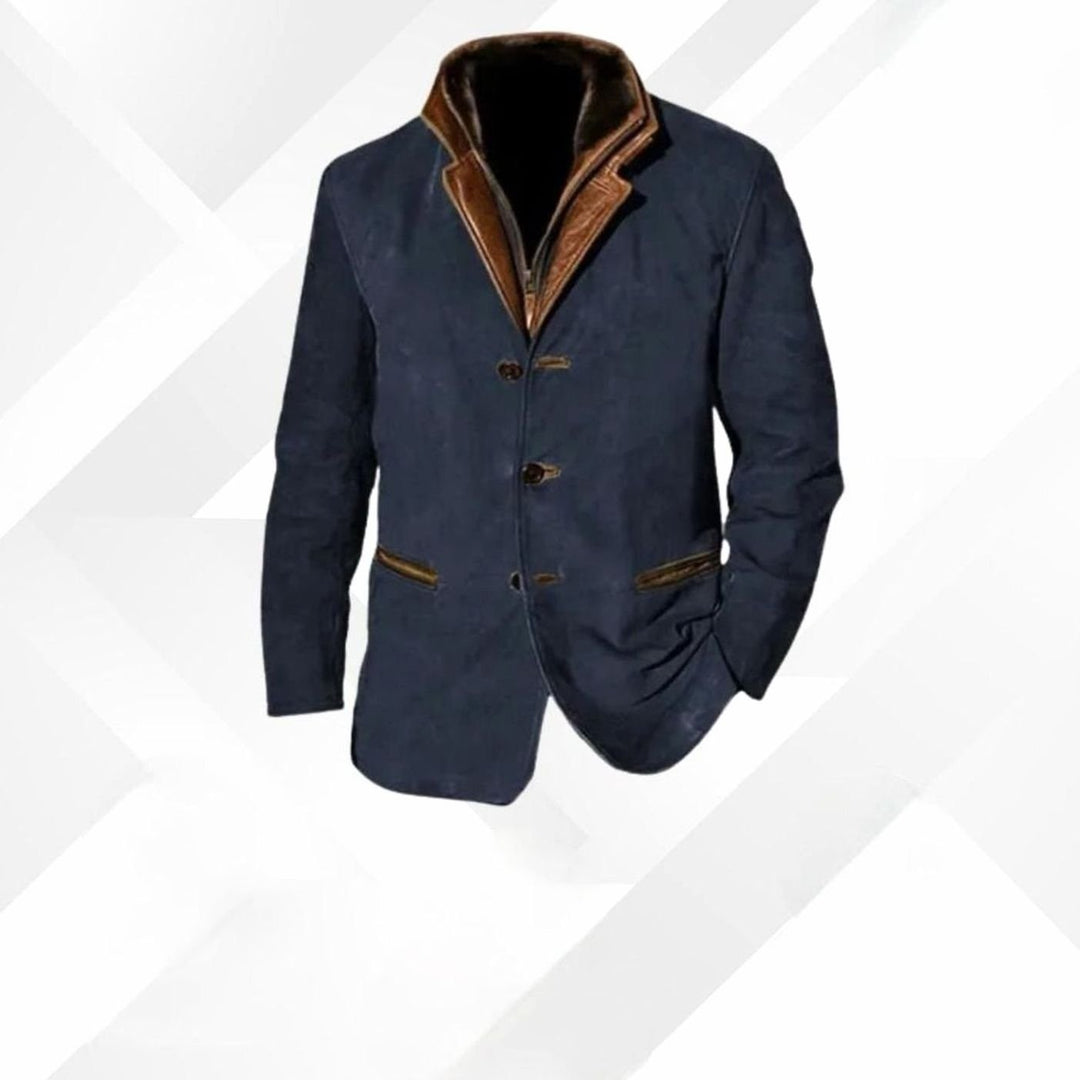 Men's Classic Button-Up Warm Jacket Contrasting Collar - Dark Blue