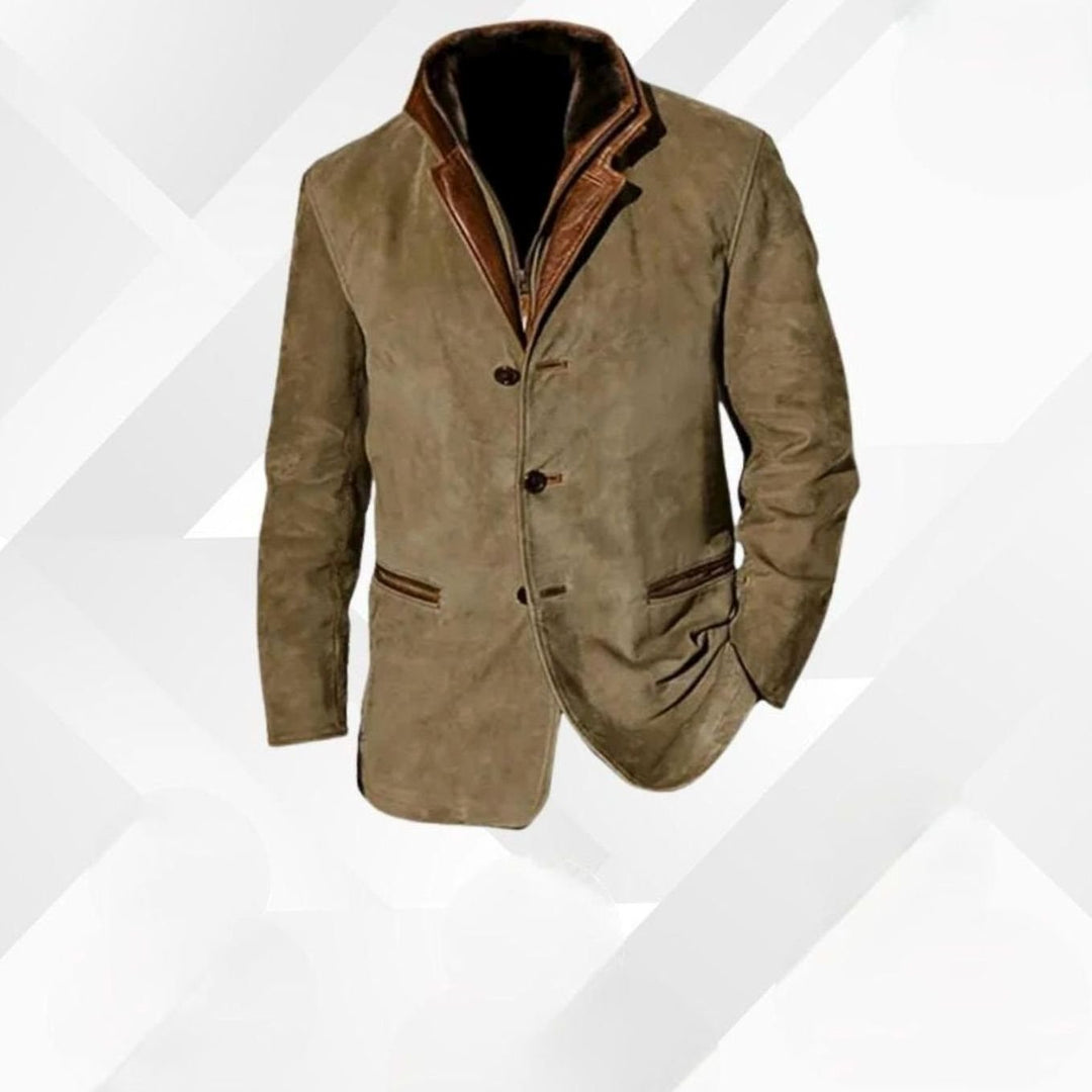 Men's Classic Button-Up Warm Jacket Contrasting Collar - Khaki