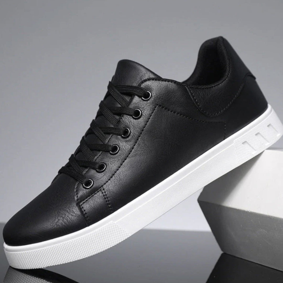 Men's Classic Lace-Up Low-Cut Faux Leather Top Sneakers - Black