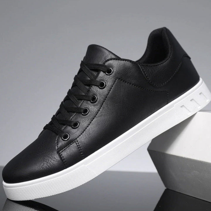 Men's Classic Lace-Up Low-Cut Faux Leather Top Sneakers - Black