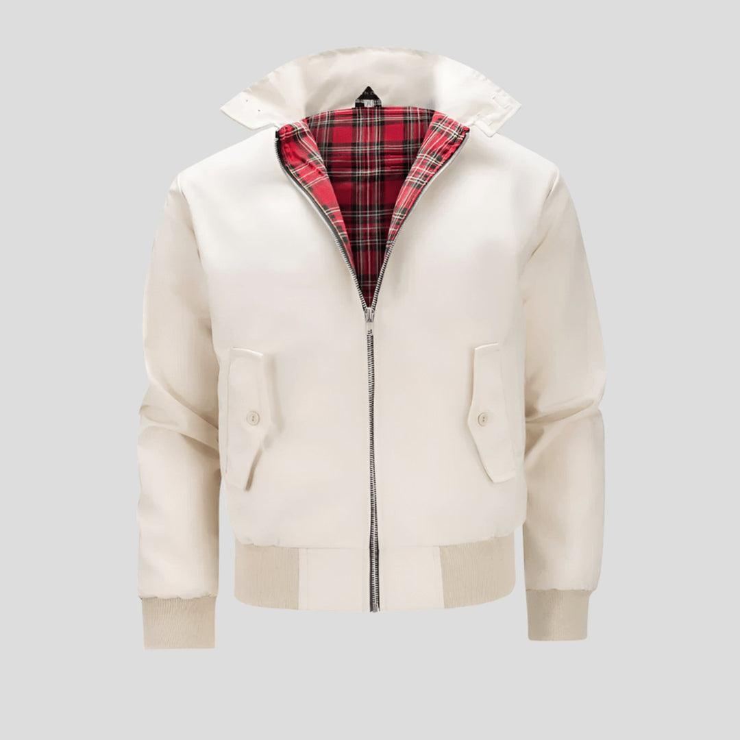 Men's Classic Plaid-Lined Zip-Up Bomber Jacket Ribbed Cuffs - Beige