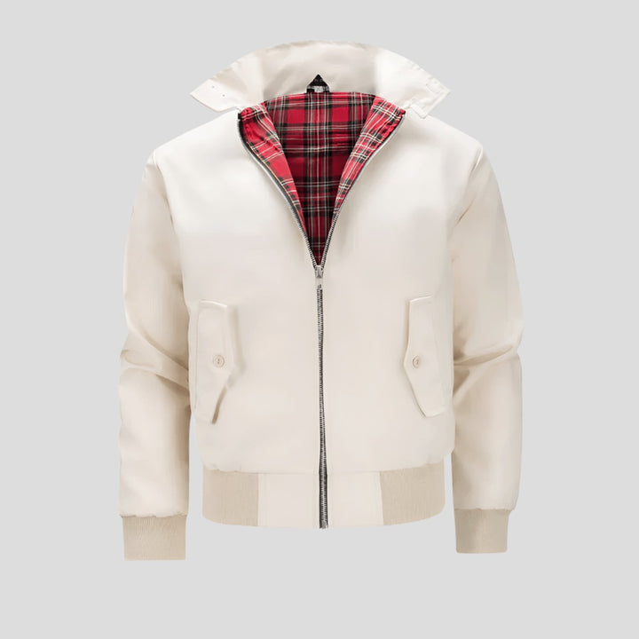 Men's Classic Plaid-Lined Zip-Up Bomber Jacket Ribbed Cuffs - Beige