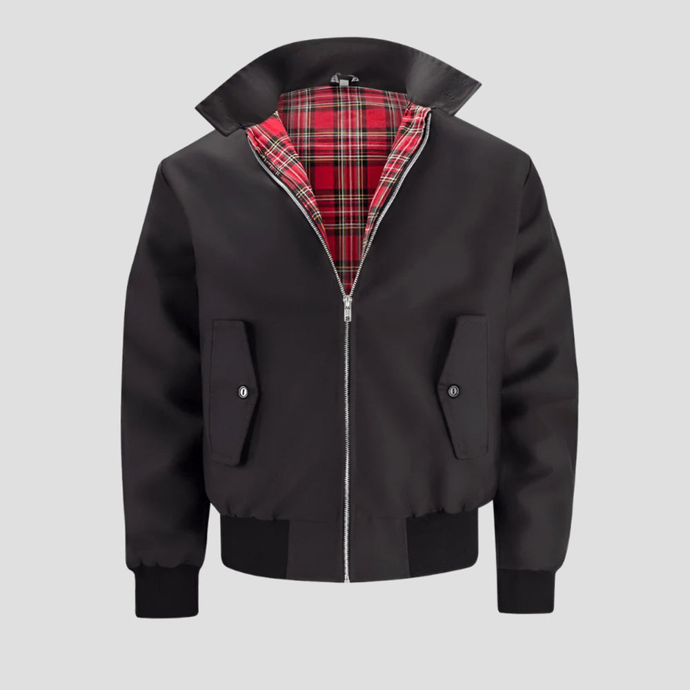 Men's Classic Plaid-Lined Zip-Up Bomber Jacket Ribbed Cuffs - Black