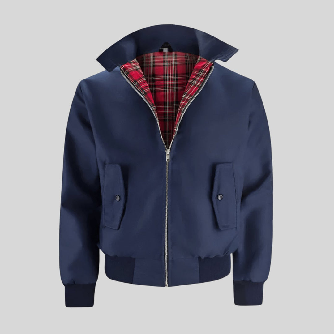 Men's Classic Plaid-Lined Zip-Up Bomber Jacket Ribbed Cuffs - Dark Blue