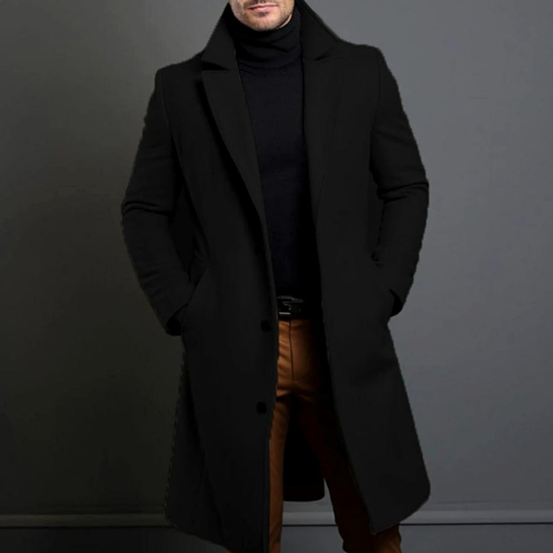 Men's Classic Tailored Lapel Long Overcoat - Black