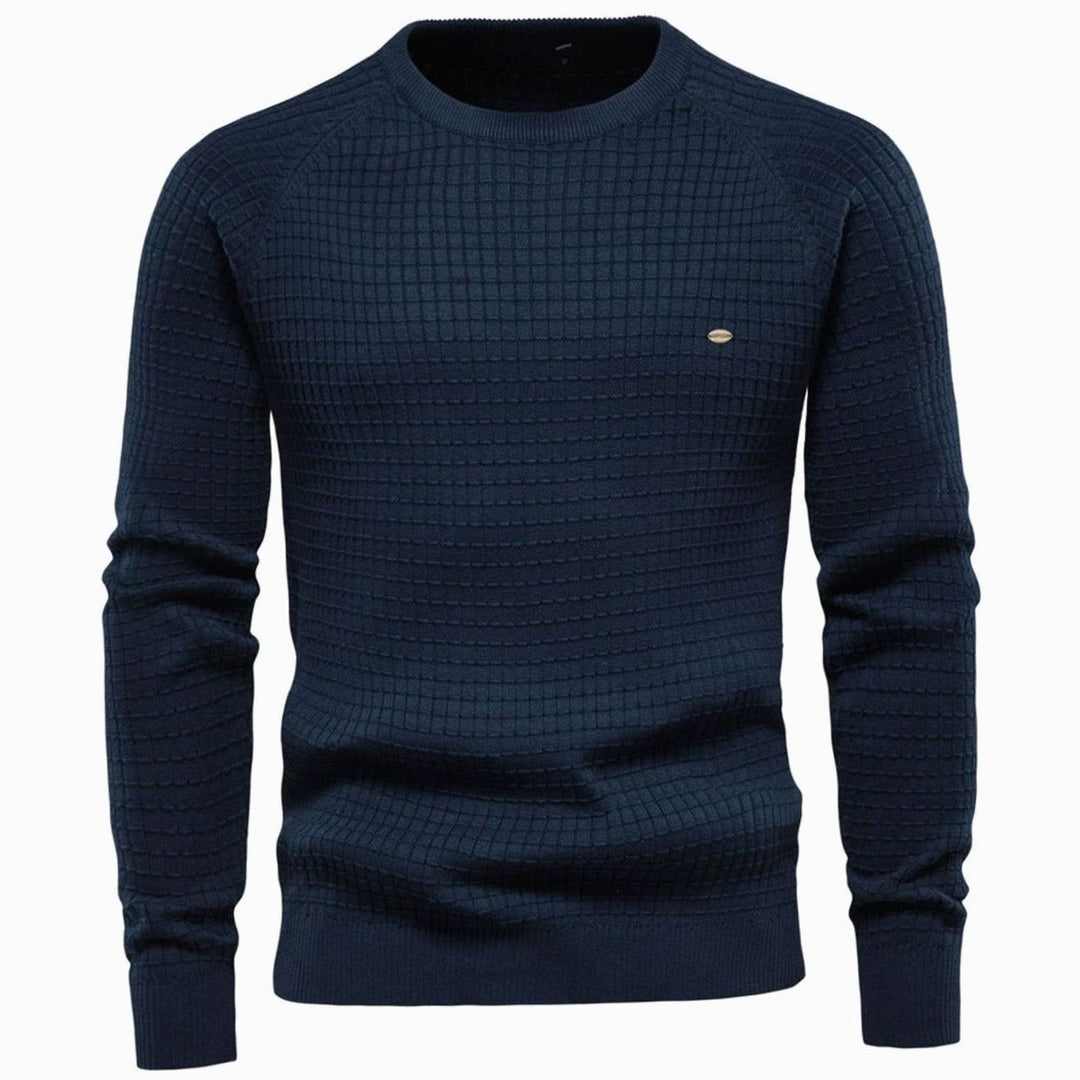 Men's Classic Waffle-Knit Crewneck Casual Sweater - Navy Blue