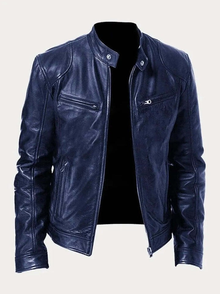 Men's Classic Zip-Up Biker Leather Jacket Stand Collar - Dark Blue