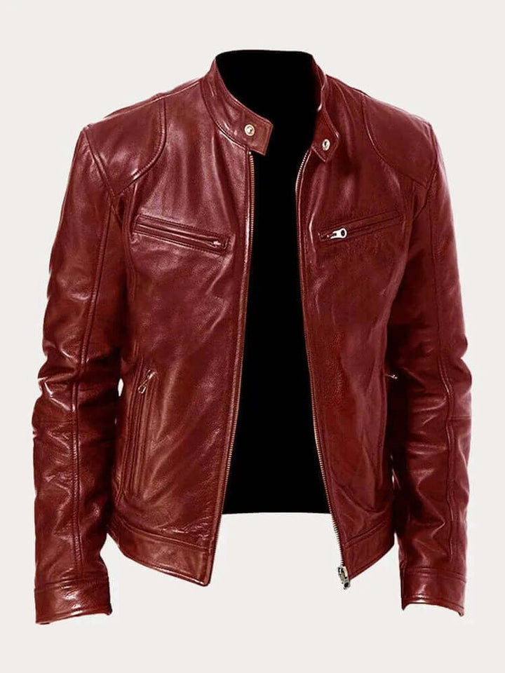 Men's Classic Zip-Up Biker Leather Jacket Stand Collar - Burgundy