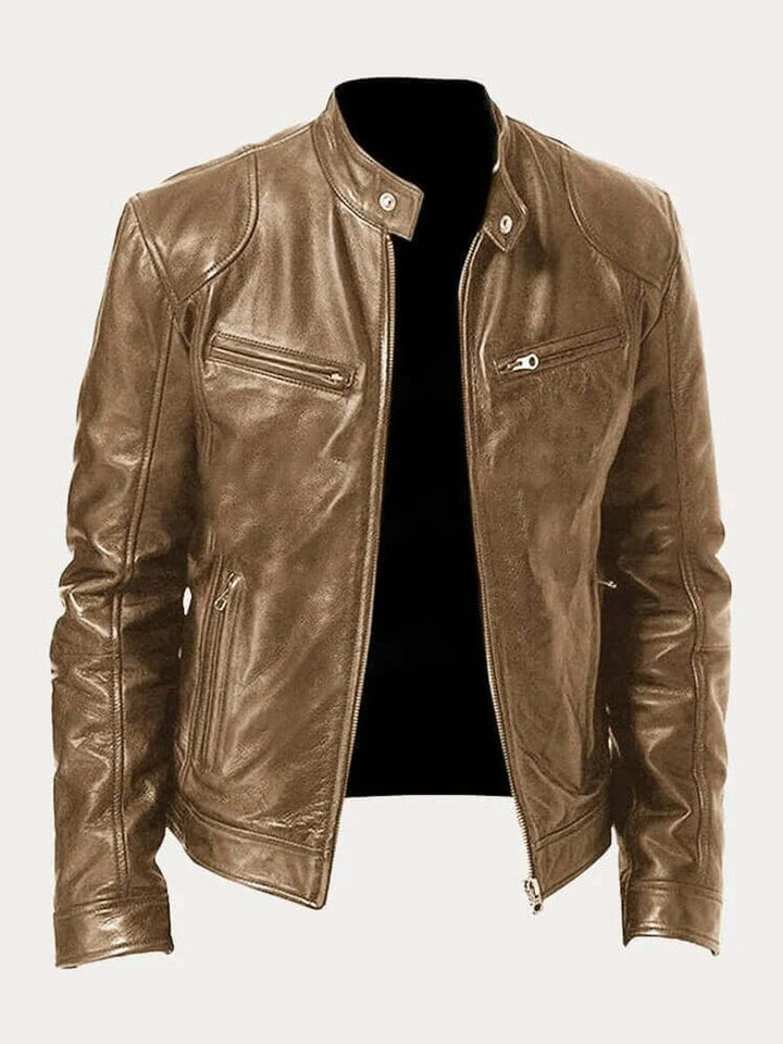 Men's Classic Zip-Up Biker Leather Jacket Stand Collar - Khaki