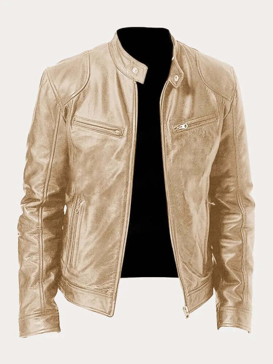 Men's Classic Zip-Up Biker Leather Jacket Stand Collar - Gold