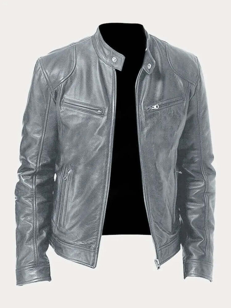 Men's Classic Zip-Up Biker Leather Jacket Stand Collar - Gray