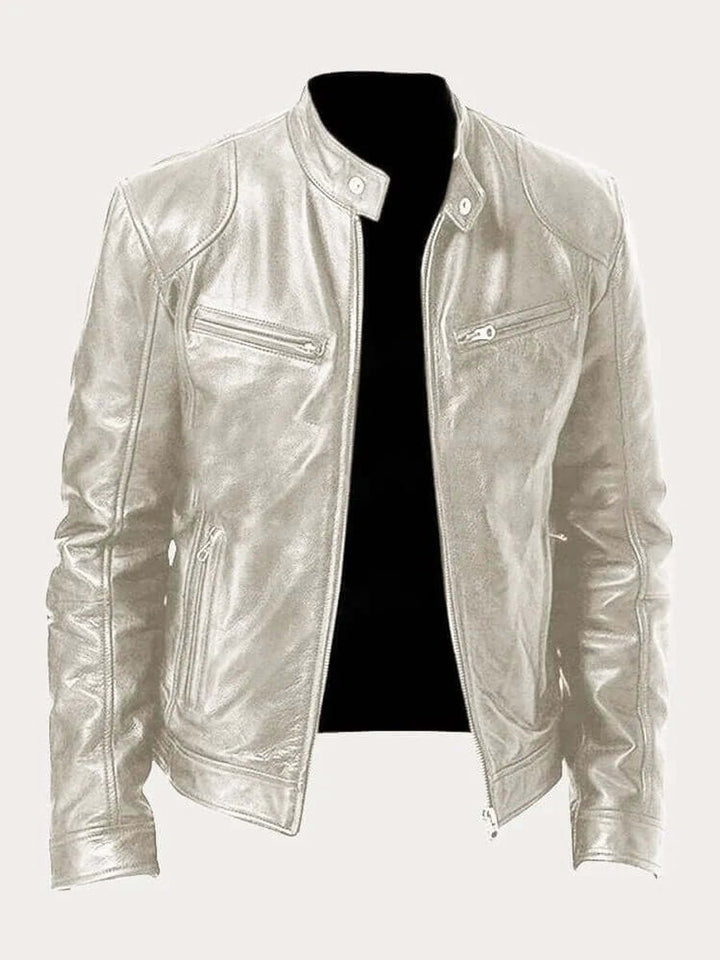 Men's Classic Zip-Up Biker Leather Jacket Stand Collar - Silver