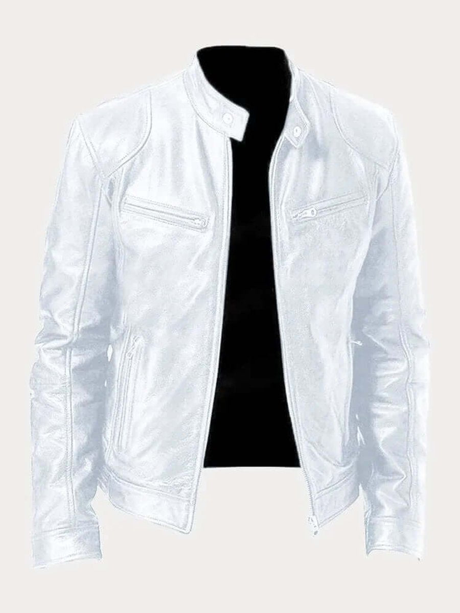 Men's Classic Zip-Up Biker Leather Jacket Stand Collar - White
