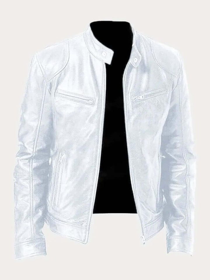 Men's Classic Zip-Up Biker Leather Jacket Stand Collar - White