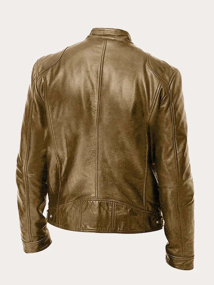 Men's Classic Zip-Up Biker Leather Jacket Stand Collar