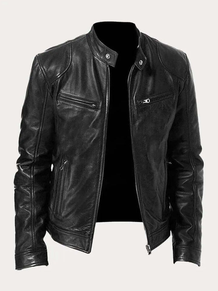 Men's Classic Zip-Up Biker Leather Jacket Stand Collar - Black