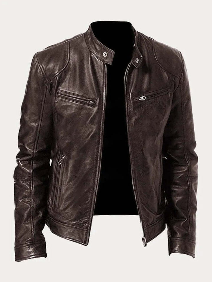 Men's Classic Zip-Up Biker Leather Jacket Stand Collar - Brown