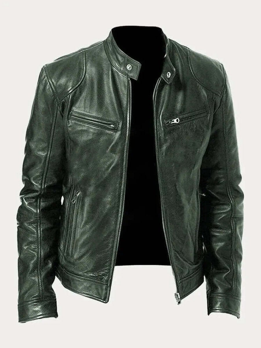 Men's Classic Zip-Up Biker Leather Jacket Stand Collar - Military Green