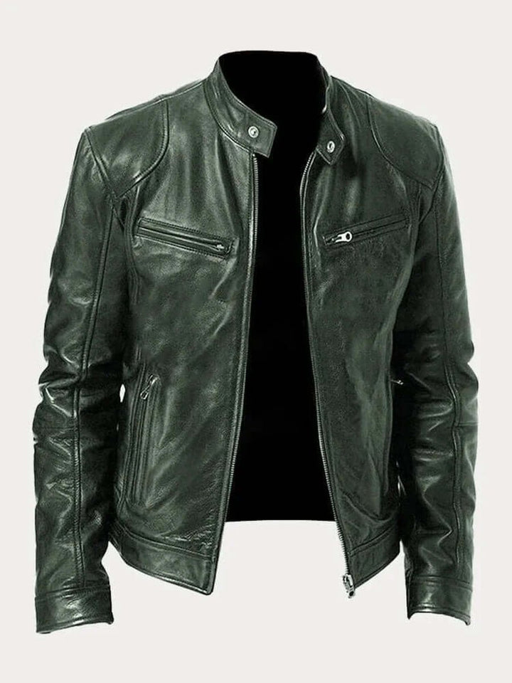 Men's Classic Zip-Up Biker Leather Jacket Stand Collar - Military Green