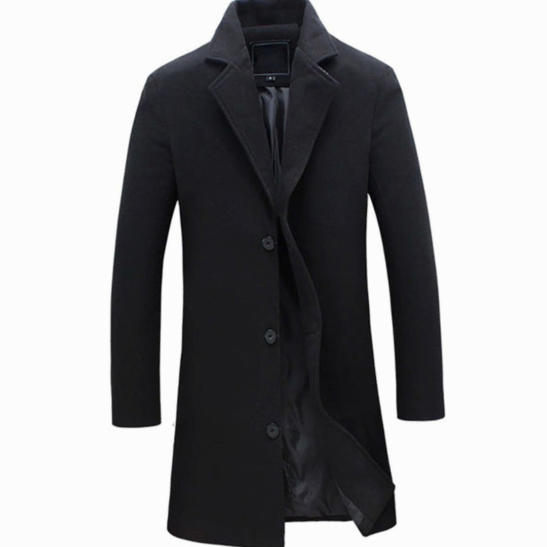 Men's Cold Weather Tailored Wool-Blend Long Trench Coat - Black