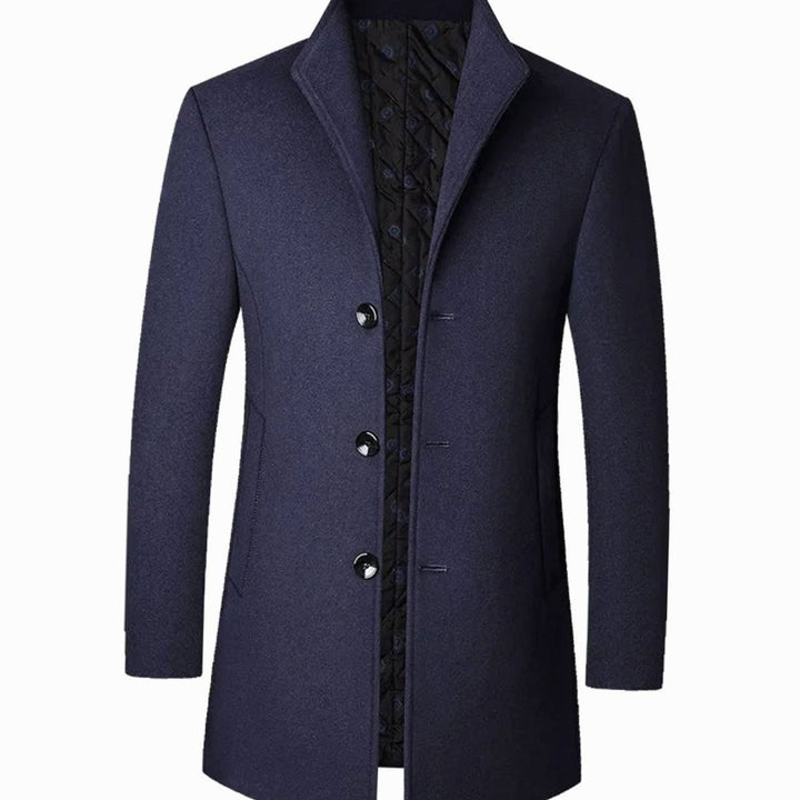Men's Cold Weather Tailored Wool-Blend Single-Breasted Overcoat - Navy Blue