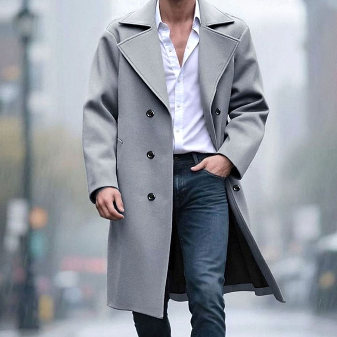 Men's Double-Breasted Tailored Long Wool Overcoat - Light Gray